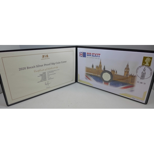 7441 - Brexit, Harrington & Byrne 2020 Brexit, UK Leaves the EU silver proof 50p coin cover, limited editio... 