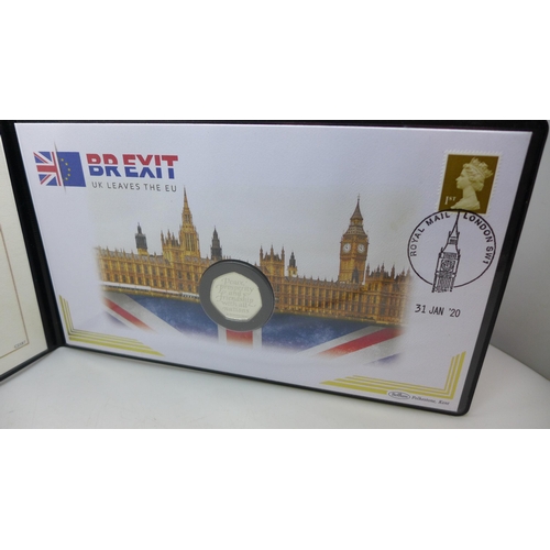 7441 - Brexit, Harrington & Byrne 2020 Brexit, UK Leaves the EU silver proof 50p coin cover, limited editio... 