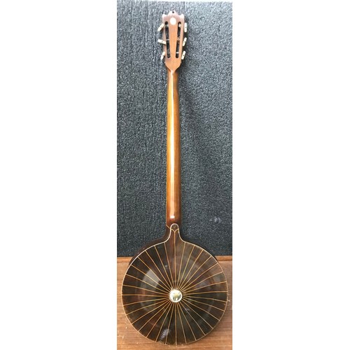 412 - An early 20th Century rosewood and mother of pearl inlaid banjo, with ivory tuning pegs. Non-Transfe... 