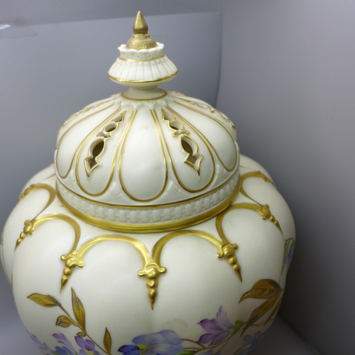 2012 - A Royal Worcester Stuart Rose jar and covers (inner and outer lids), circa 1889, numbered 1312, 27cm... 