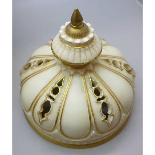 2012 - A Royal Worcester Stuart Rose jar and covers (inner and outer lids), circa 1889, numbered 1312, 27cm... 