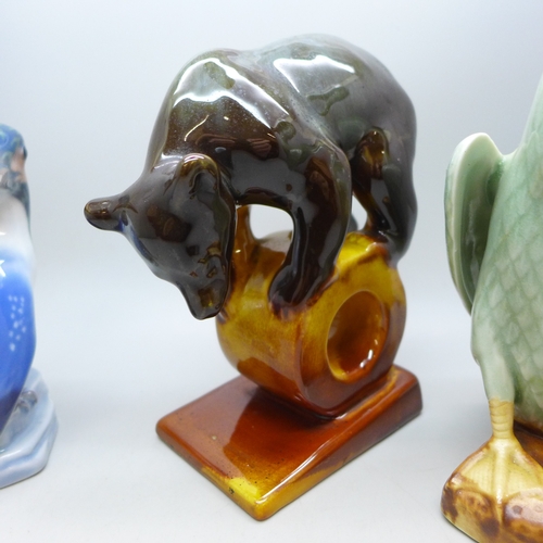 2044 - A Royal Copenhagen kingfisher figure, a Soviet figure of a bear and pottery bird, oriental impressed... 