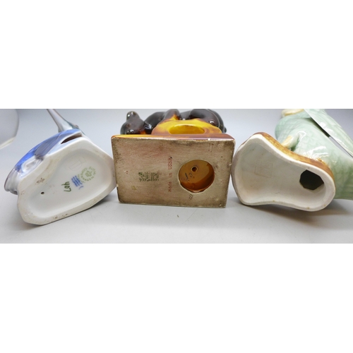 2044 - A Royal Copenhagen kingfisher figure, a Soviet figure of a bear and pottery bird, oriental impressed... 