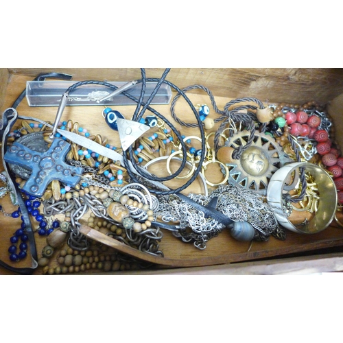 2055 - Two boxes of vintage and later costume jewellery and coins