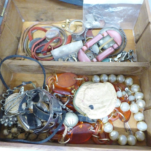 2055 - Two boxes of vintage and later costume jewellery and coins