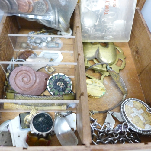 2055 - Two boxes of vintage and later costume jewellery and coins