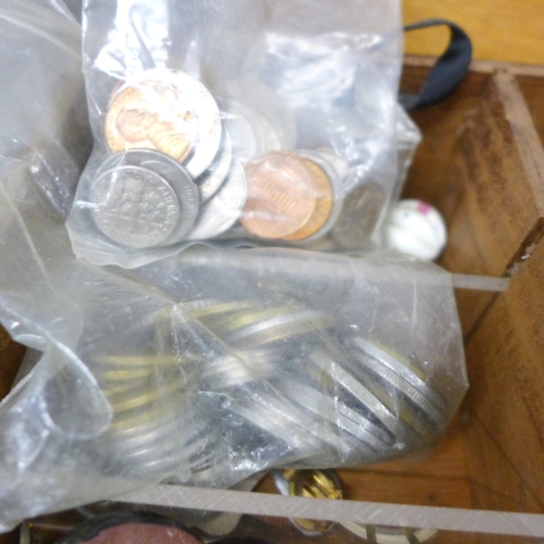 2055 - Two boxes of vintage and later costume jewellery and coins