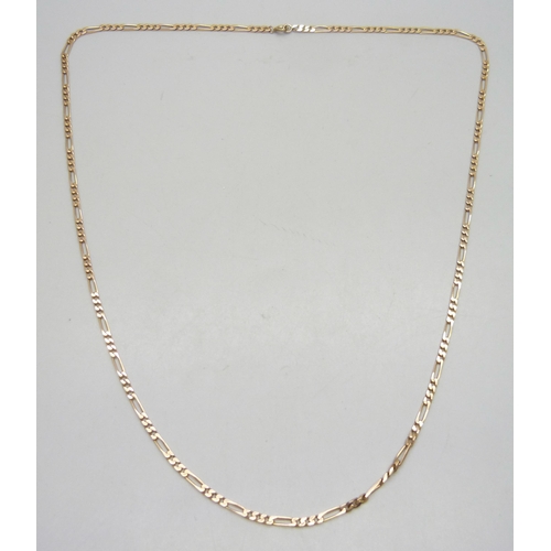 7011 - A yellow metal figaro link necklace chain, 17.2g, 65cm