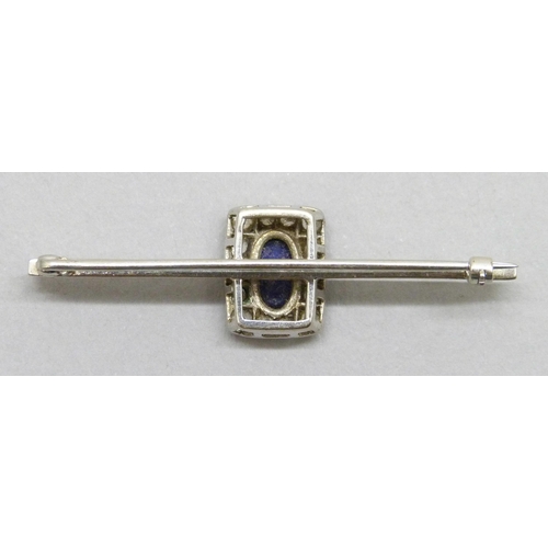 7054 - An Art Deco white metal, sapphire and diamond bar brooch, 4.5g, 5cm