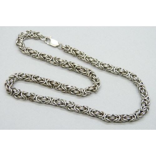 7056 - A chunky silver Byzantine link necklace chain, hallmarked, 43g, approximately 6mm wide links, 40cm