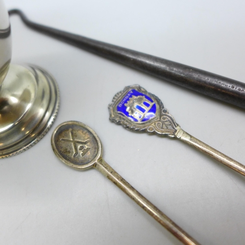 7343 - Nine pieces of silver including a Victorian jug, a pot with embossed figures to lid, an egg cup, a s... 