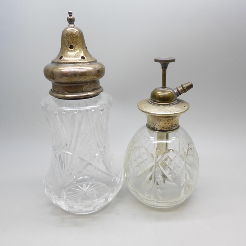 7358 - A cut glass sugar caster with a silver top, silver 18g, and a scent bottle with silver top, a/f