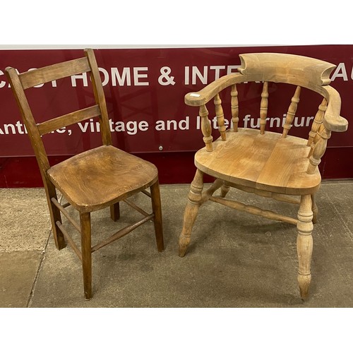 163 - A Victorian style beech smokers bow chair and a chapel chair