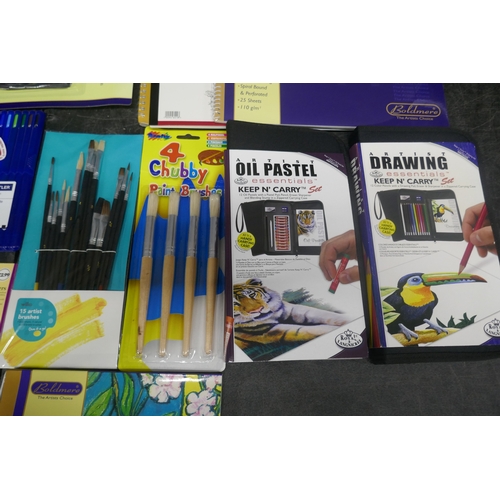 5032 - A collection of assorted artists materials and tools including pastel pad, sketchpad, oil pastels, w... 