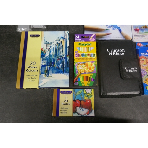 5032 - A collection of assorted artists materials and tools including pastel pad, sketchpad, oil pastels, w... 