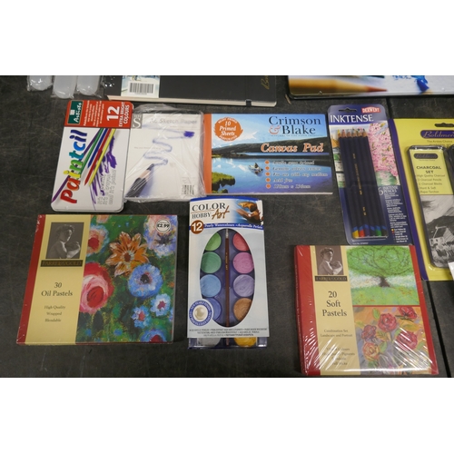 5033 - A collection of artists materials and tools including practice paper pad, sketchpad, pencils, pastel... 