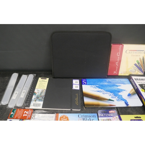 5033 - A collection of artists materials and tools including practice paper pad, sketchpad, pencils, pastel... 