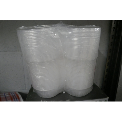 5066 - A stanless steel catering tray, a pack of 50 250ml disposable plastic bowls and three heavy duty sho... 