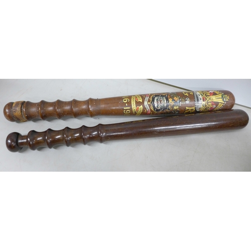 2085 - Two truncheons, a 1916-1919 presentation, Rochdale Special Constabulary and one other