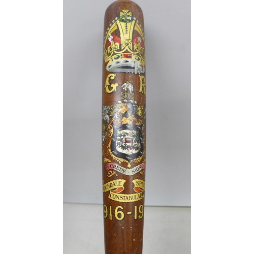2085 - Two truncheons, a 1916-1919 presentation, Rochdale Special Constabulary and one other