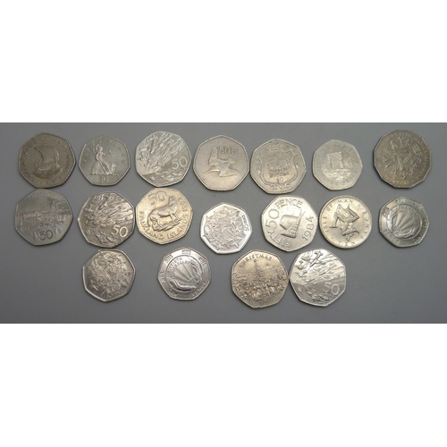 A collection of 50p coins including commemoratives, etc.