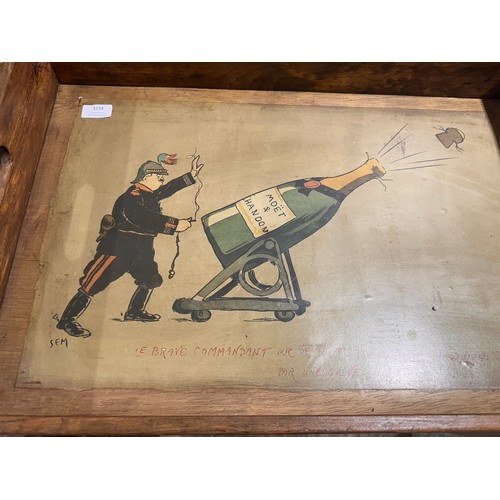 3234 - A rustic painted champagne tray on stand bearing Moet and Chandon inscription