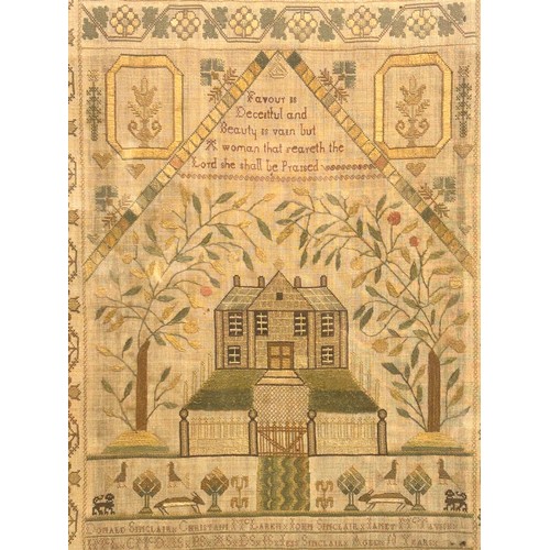 2250 - A 19th Century sampler, embroidered with lettering, house and foliate design, framed, 51cm x 39cm