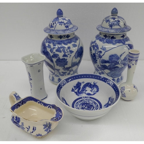 2283 - Pair of blue and white oriental pattern vases with lids, Burleigh Ware Willow Pattern jug, Chinese b... 