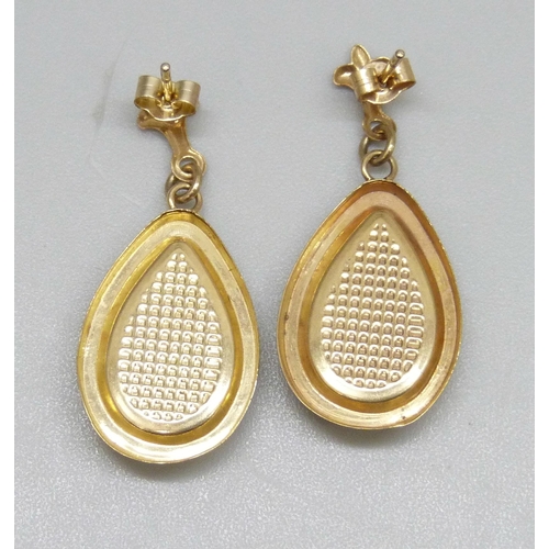 7155 - A pair of 9ct gold and mother of pearl drop earrings with butterflies, 1.5g