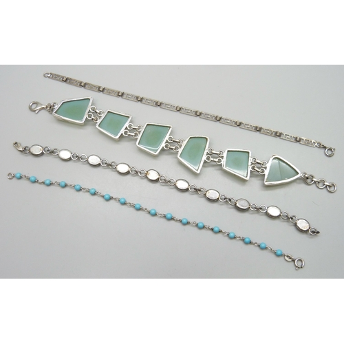 7161 - Four silver bracelets including a dried flower example, 54g