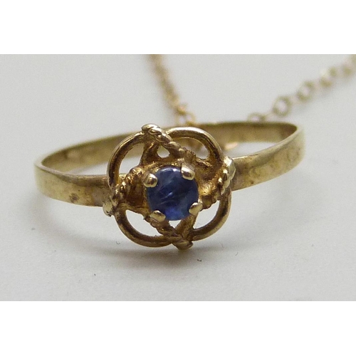 7171 - A small gold ring on a 9ct gold chain, 0.7g total