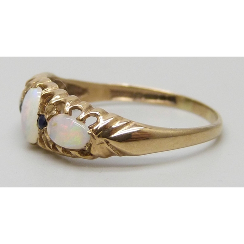 7175 - A 9ct gold, opal and sapphire ring, 1.3g, R