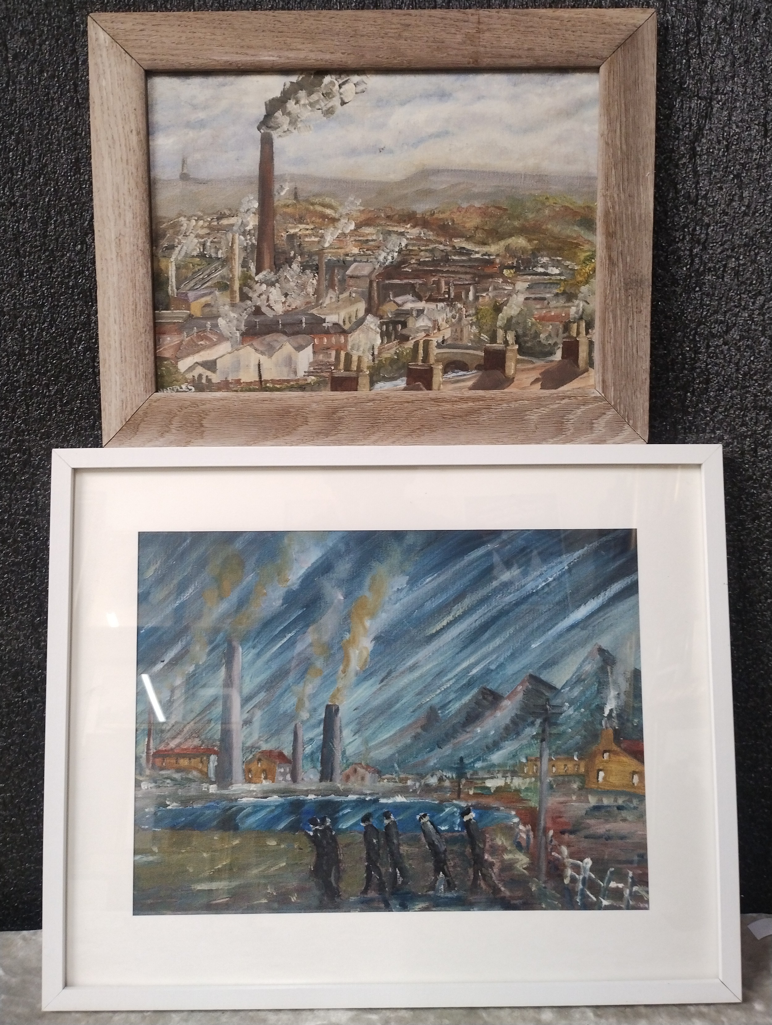 Robin Sharples, two industrial landscapes, oil on board and mixed media ...