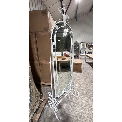3113 - A tall French style white metal arched cheval mirror