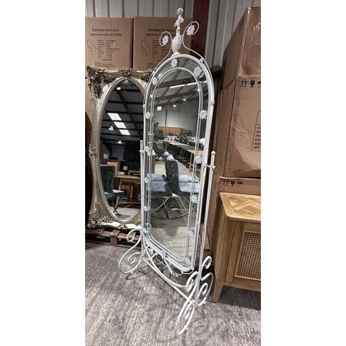 3113 - A tall French style white metal arched cheval mirror