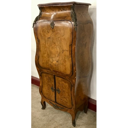 77 - A French Art Nouveau style marquetry inlaid walnut, rosewood, rouge marble topped and ormolu mounted... 