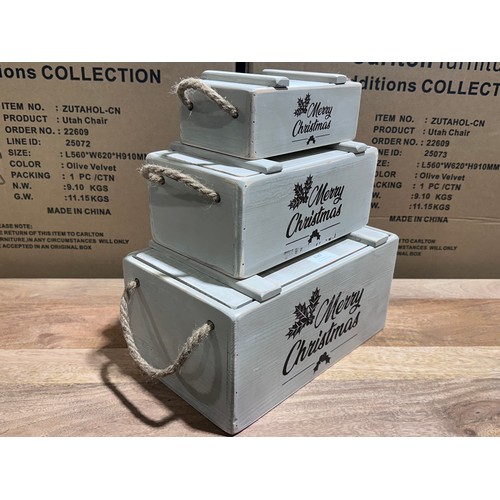 3012 - A set of 3 light grey wooden 'Merry Christmas' storage boxes