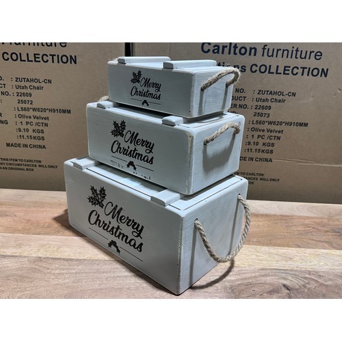 3012 - A set of 3 light grey wooden 'Merry Christmas' storage boxes