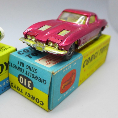 2069 - Three Corgi Toys, 337 Customized Chevrolet Corvette Sting Ray, a 310 Chevrolet Corvette Sting Ray an... 