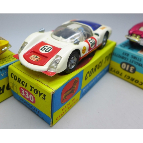 2069 - Three Corgi Toys, 337 Customized Chevrolet Corvette Sting Ray, a 310 Chevrolet Corvette Sting Ray an... 