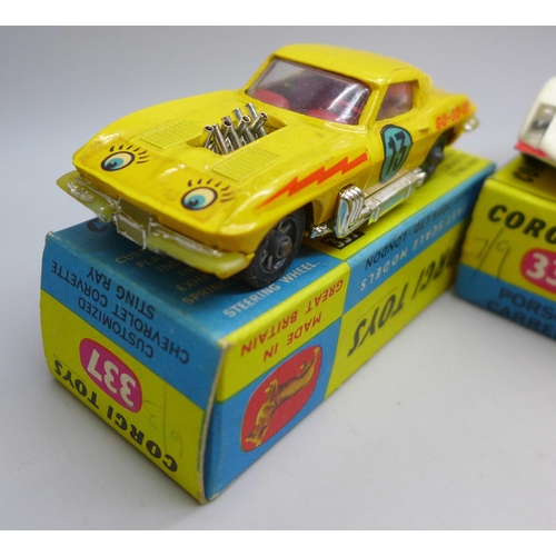2069 - Three Corgi Toys, 337 Customized Chevrolet Corvette Sting Ray, a 310 Chevrolet Corvette Sting Ray an... 
