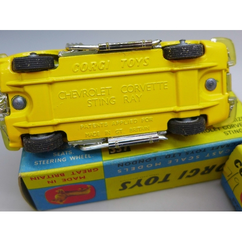 2069 - Three Corgi Toys, 337 Customized Chevrolet Corvette Sting Ray, a 310 Chevrolet Corvette Sting Ray an... 