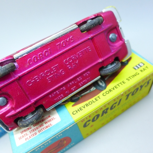2069 - Three Corgi Toys, 337 Customized Chevrolet Corvette Sting Ray, a 310 Chevrolet Corvette Sting Ray an... 