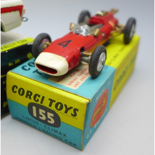 2070 - A Corgi Toys 155 Lotus-Climax Formula 1 Racing Car and a Dinky Toys 205 Lotus Cortina Rally Car, box... 