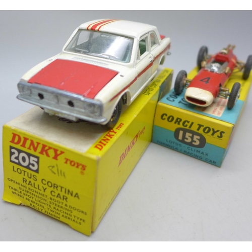 2070 - A Corgi Toys 155 Lotus-Climax Formula 1 Racing Car and a Dinky Toys 205 Lotus Cortina Rally Car, box... 