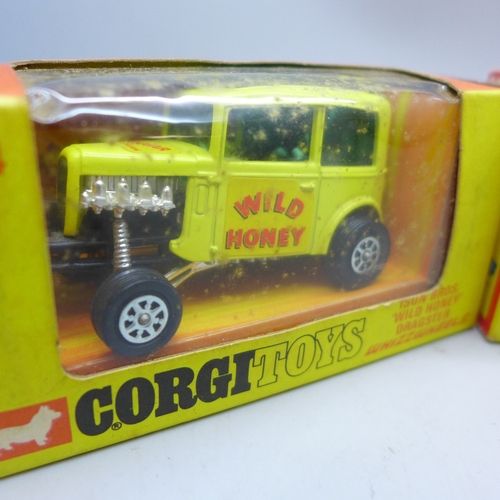 2076 - Two Corgi Toys WhizzWheels 164 Ison Bros. Wild Honey Dragster and a 343 Pontiac Firebird, boxed