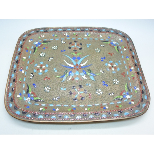2113 - A vintage Champleve enamel copper tray, 19.5cm x 24cm