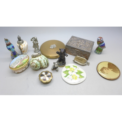 2114 - A shell perfume bottle and trinket box, two cloisonné bird figures, cold painted bear figure, Bilsto... 