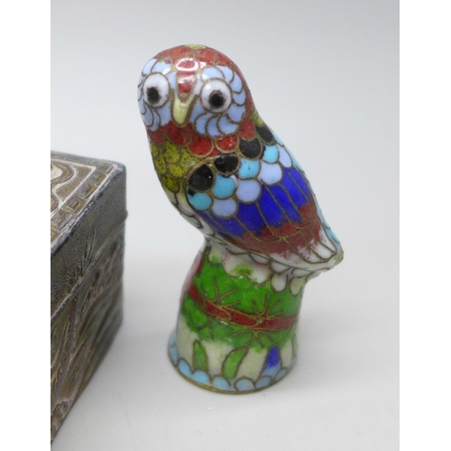 2114 - A shell perfume bottle and trinket box, two cloisonné bird figures, cold painted bear figure, Bilsto... 