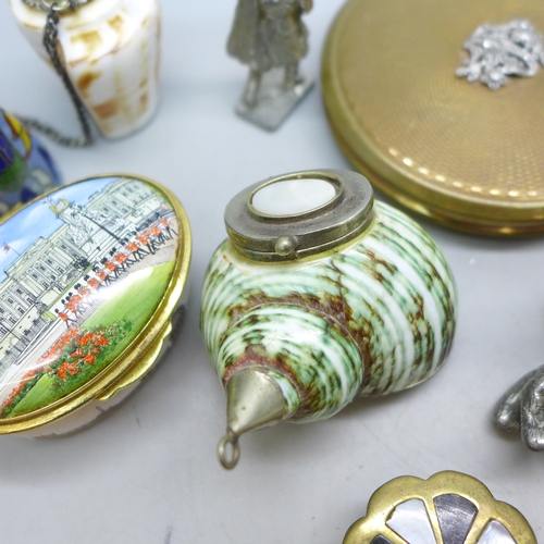 2114 - A shell perfume bottle and trinket box, two cloisonné bird figures, cold painted bear figure, Bilsto... 